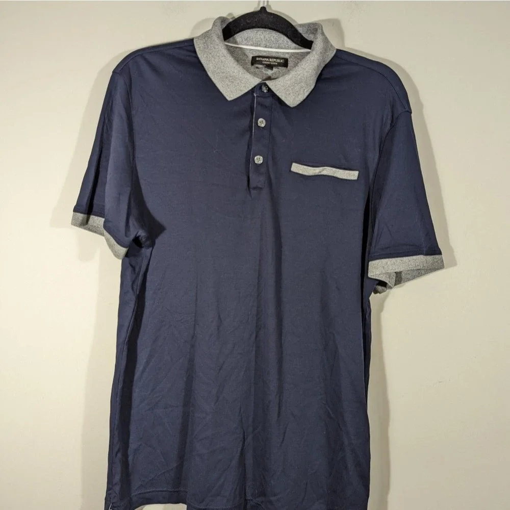Banana Republic Luxury Touch Preppy Navy Grey‎ Polo Shirt Men Size L